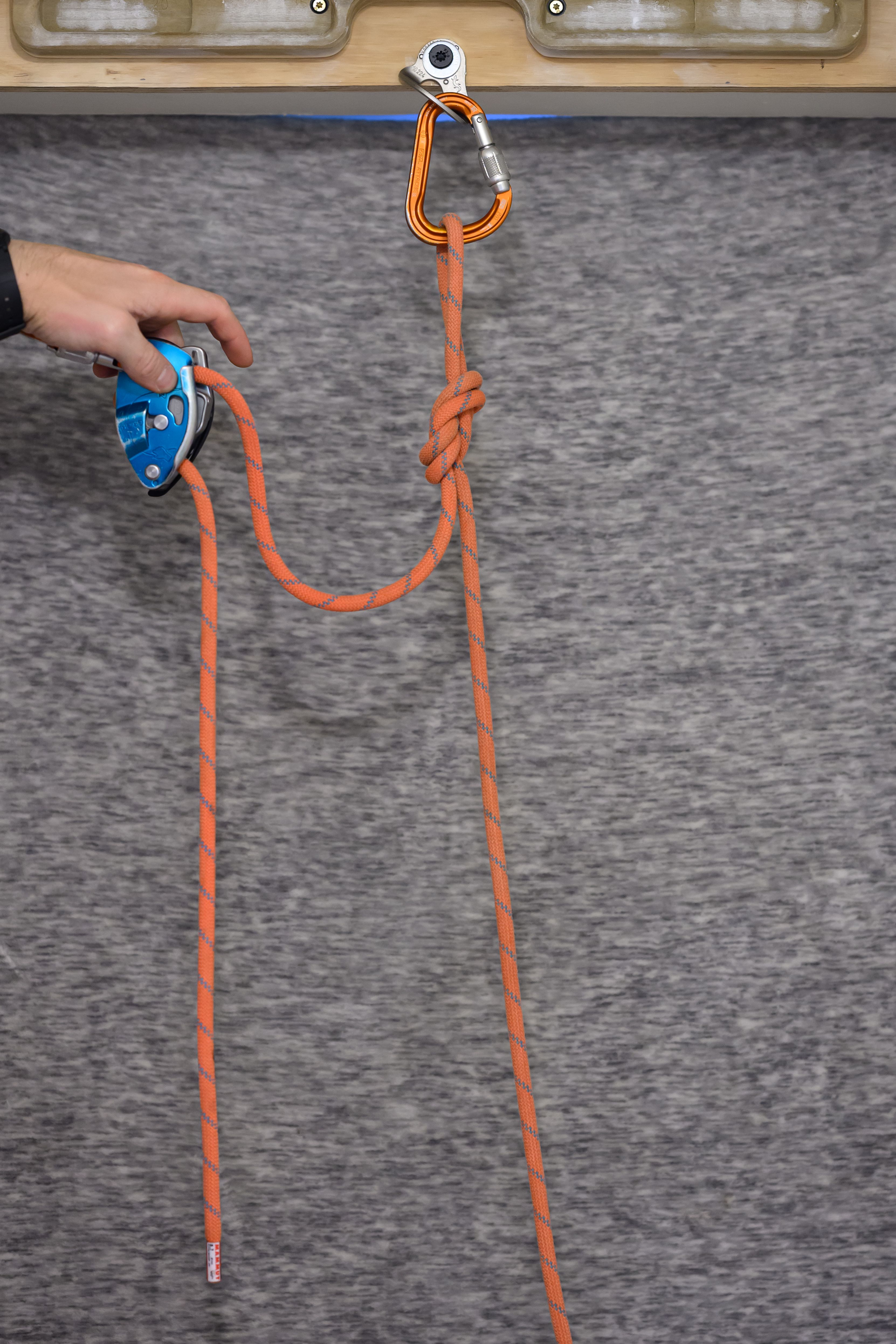 Figure eight knot with grigri set up on unsecured tail.